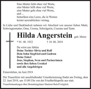 Traueranzeige von Hilda Angerstein (geb. Meier)  von Magdeburger Volksstimme