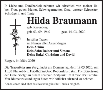 Traueranzeige von Hilda Baumann (geb. Kasenberg)  von Magdeburger Volksstimme