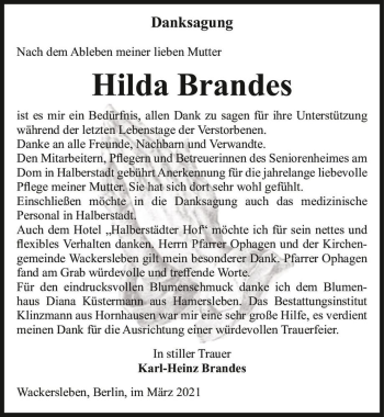 Traueranzeige von Hilda Brandes  von Magdeburger Volksstimme