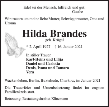 Traueranzeige von Hilda Brandes (geb. Krügel)  von Magdeburger Volksstimme