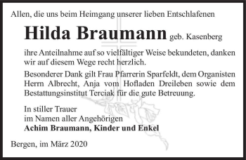 Traueranzeige von Hilda Braumann (geb. Kasenberg)  von Magdeburger Volksstimme