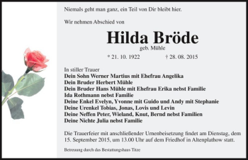 Traueranzeige von Hilda Bröde (geb. Mühle)  von Magdeburger Volksstimme