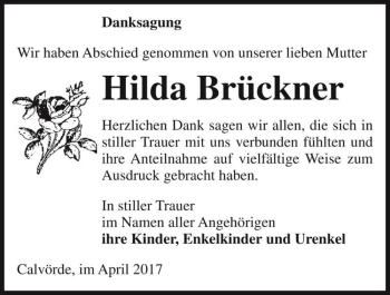 Traueranzeige von Hilda Brückner  von Magdeburger Volksstimme