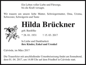Traueranzeige von Hilda Brückner (geb. Bardölke)  von Magdeburger Volksstimme