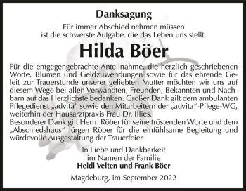 Traueranzeige von Hilda Böer  von Magdeburger Volksstimme