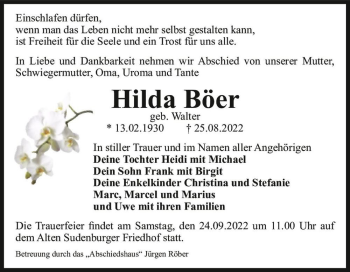 Traueranzeige von Hilda Böer (geb. Walter)  von Magdeburger Volksstimme