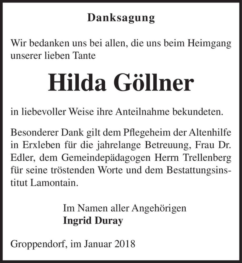  Traueranzeige für Hilda Göllner  vom 13.01.2018 aus Magdeburger Volksstimme