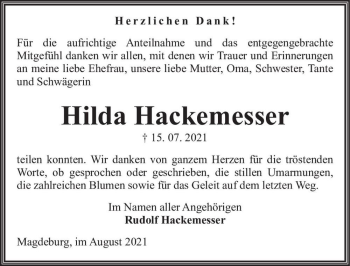 Traueranzeige von Hilda Hackemesser  von Magdeburger Volksstimme