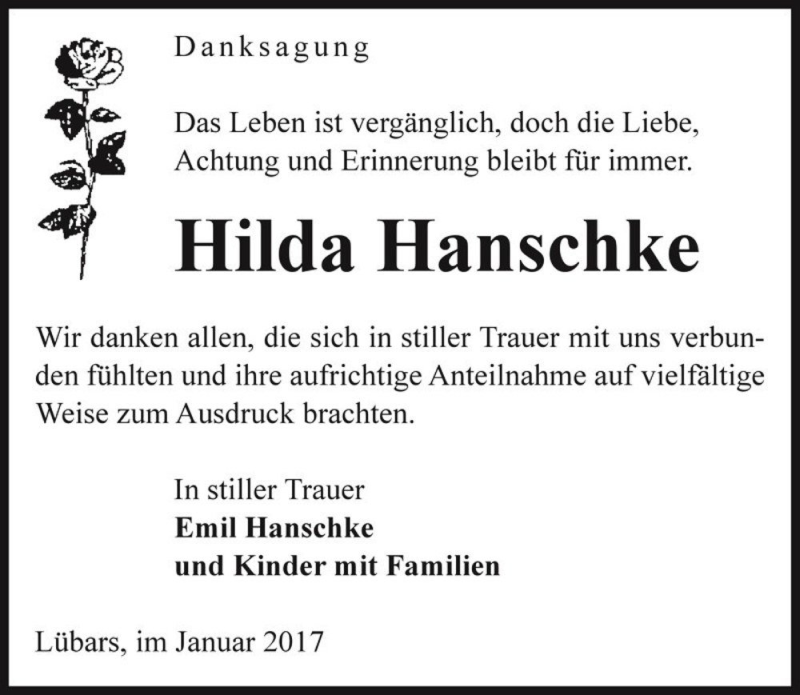  Traueranzeige für Hilda Hanschke  vom 14.01.2017 aus Magdeburger Volksstimme