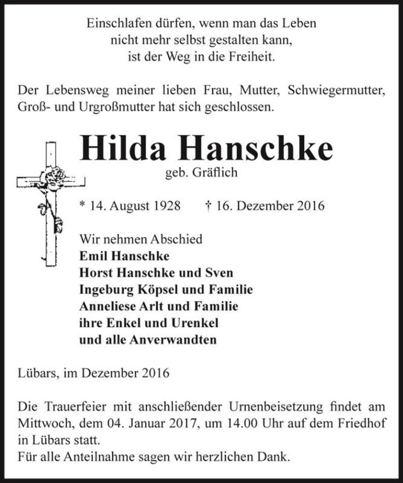  Traueranzeige für Hilda Hanschke (geb. Gräflich)  vom 28.12.2016 aus Magdeburger Volksstimme
