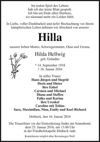 Traueranzeige von Hilda Hellwig (geb. Gründler)  von Magdeburger Volksstimme