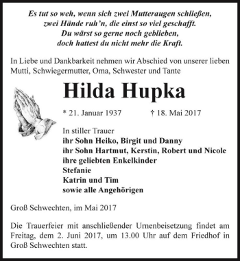 Traueranzeige von Hilda Hupka  von Magdeburger Volksstimme