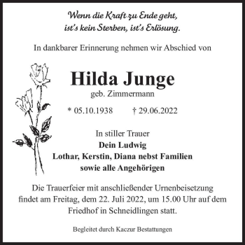 Traueranzeige von Hilda Junge (geb. Zimmermann)  von Magdeburger Volksstimme