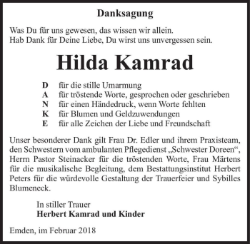 Traueranzeige von Hilda Kamrad  von Magdeburger Volksstimme