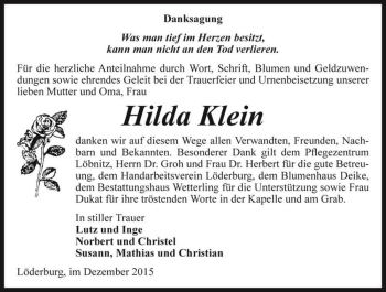 Traueranzeige von Hilda Klein  von Magdeburger Volksstimme