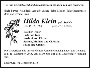 Traueranzeige von Hilda Klein (geb. Schiele)  von Magdeburger Volksstimme