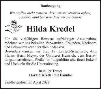 Traueranzeige von Hilda Kredel  von Magdeburger Volksstimme