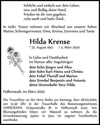 Traueranzeige von Hilda Krense  von Magdeburger Volksstimme