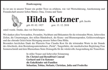 Traueranzeige von Hilda Kutzner (geb. Jacobs)  von Magdeburger Volksstimme