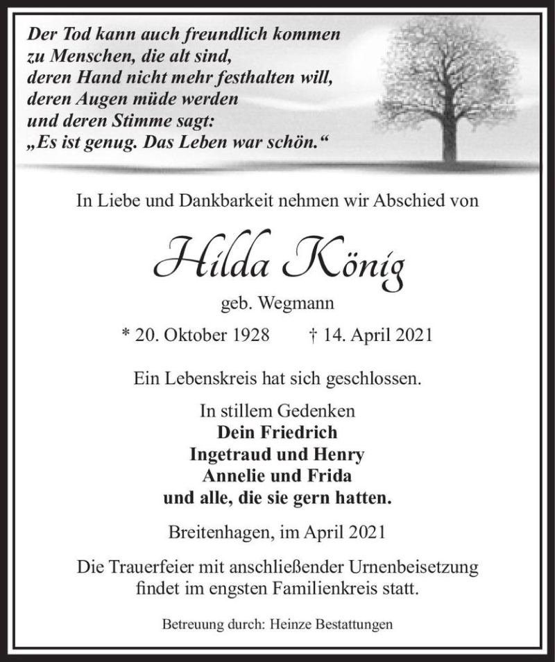  Traueranzeige für Hilda König (geb. Wegmann)  vom 24.04.2021 aus Magdeburger Volksstimme