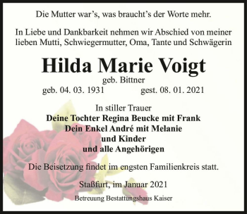Traueranzeige von Hilda Marie Voigt (geb. Bittner)  von Magdeburger Volksstimme