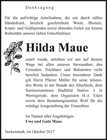Traueranzeige von Hilda Maue  von Magdeburger Volksstimme