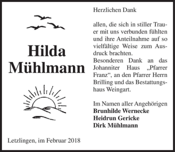 Traueranzeige von Hilda Mühlmann  von Magdeburger Volksstimme