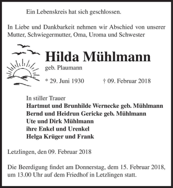 Traueranzeige von Hilda Mühlmann (geb. Plaumann)  von Magdeburger Volksstimme