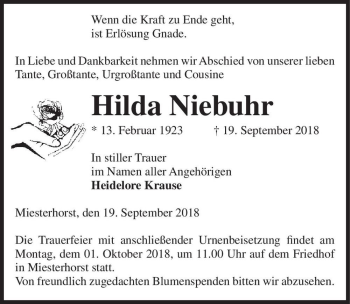 Traueranzeige von Hilda Niebuhr  von Magdeburger Volksstimme