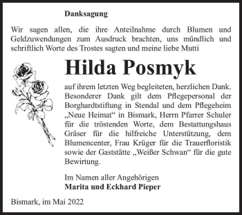 Traueranzeige von Hilda Posmyk  von Magdeburger Volksstimme