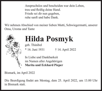 Traueranzeige von Hilda Posmyk (geb. Thinibel)  von Magdeburger Volksstimme
