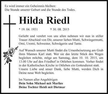 Traueranzeige von Hilda Riedl  von Magdeburger Volksstimme