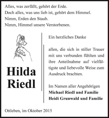 Traueranzeige von Hilda Riedl  von Magdeburger Volksstimme