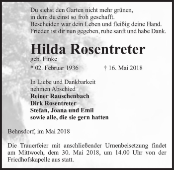 Traueranzeige von Hilda Rosentreter (geb. Finke)  von Magdeburger Volksstimme
