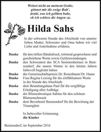 Traueranzeige von Hilda Sahs  von Magdeburger Volksstimme