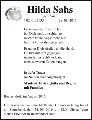 Traueranzeige von Hilda Sahs (geb. Vogt)  von Magdeburger Volksstimme