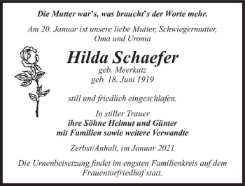 Traueranzeige von Hilda Schaefer (geb. Meerkatz)  von Magdeburger Volksstimme