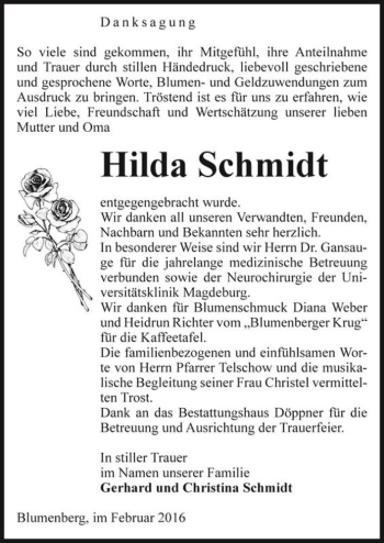 Traueranzeige von Hilda Schmidt  von Magdeburger Volksstimme