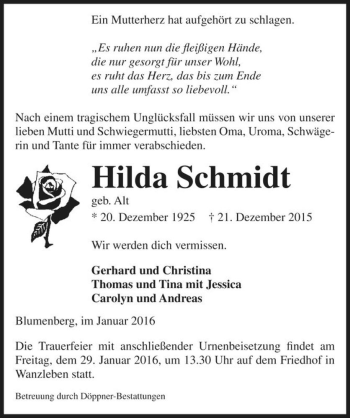 Traueranzeige von Hilda Schmidt (geb. Alt)  von Magdeburger Volksstimme