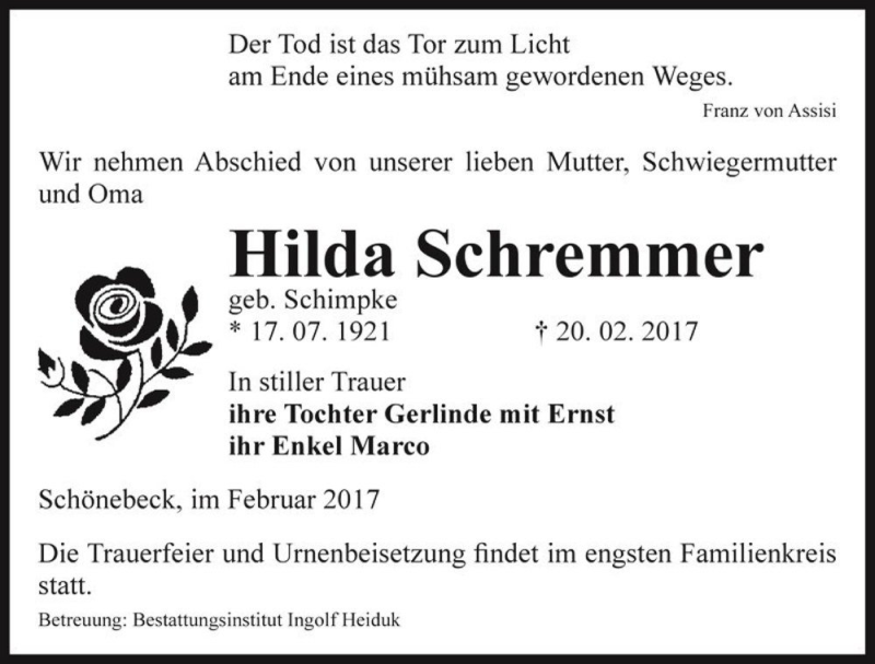  Traueranzeige für Hilda Schremmer (geb. Schimpke)  vom 25.02.2017 aus Magdeburger Volksstimme