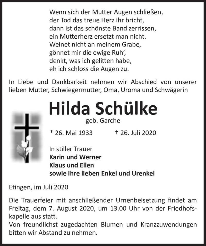  Traueranzeige für Hilda Schülke (geb. Garche)  vom 29.07.2020 aus Magdeburger Volksstimme