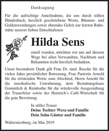 Traueranzeige von Hilda Sens  von Magdeburger Volksstimme