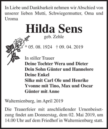 Traueranzeige von Hilda Sens (geb. Zehle)  von Magdeburger Volksstimme
