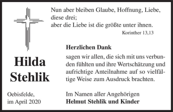 Traueranzeige von Hilda Stehlik  von Magdeburger Volksstimme