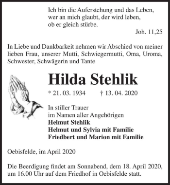 Traueranzeige von Hilda Stehlik  von Magdeburger Volksstimme