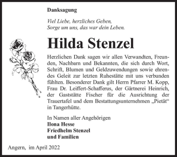 Traueranzeige von Hilda Stenzel  von Magdeburger Volksstimme