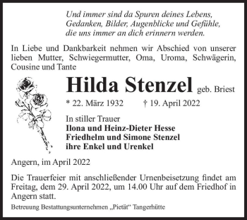 Traueranzeige von Hilda Stenzel (geb. Briest)  von Magdeburger Volksstimme