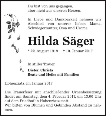 Traueranzeige von Hilda Säger  von Magdeburger Volksstimme