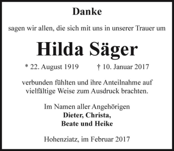 Traueranzeige von Hilda Säger  von Magdeburger Volksstimme