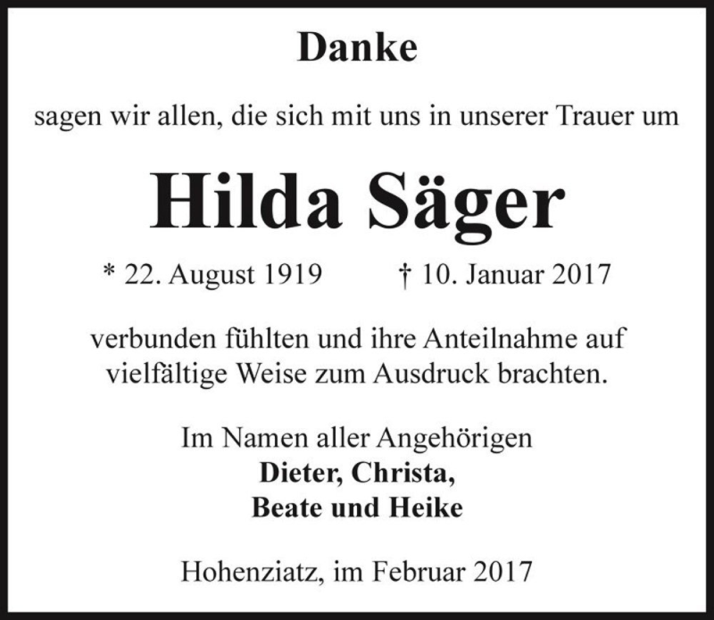  Traueranzeige für Hilda Säger  vom 25.02.2017 aus Magdeburger Volksstimme